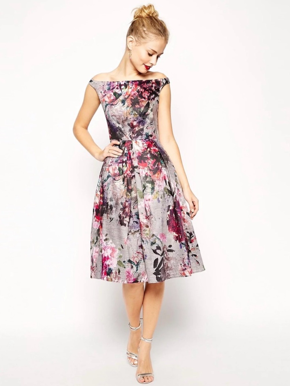 ASOS Off-Shoulder Floral Midi Dress in Silver, Pink and Purple